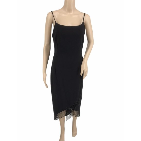 En Francais Cocktail Formal Dress 4 Backless Black Bead Fringe Spaghetti Straps - Picture 1 of 11